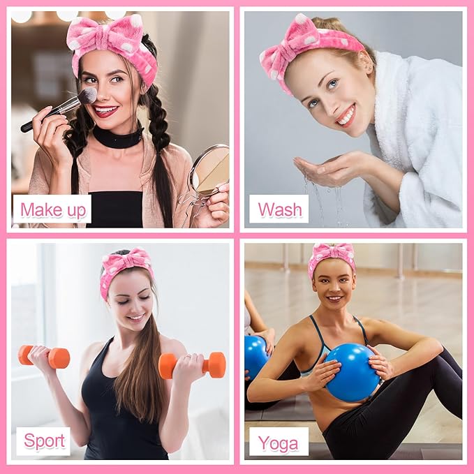 Tigeen 48 Pieces Spa Headband Bulk, Headband for Washing Face, Coral Fleece Bow Skincare Hair Band, Valentines gift for Women Shower Cosmetic Facial Makeup Mask(Pink,1 Style)