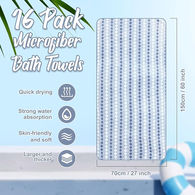 SmoothNovelty 16 Pack Microfiber Bath Towels Bulk 27'' x 60'' Oversized Size Bath Towel Highly Absorbent Extra Large Soft Drying for Beach Shower Summer Salon Sport Gym Party (Cone,Blue)