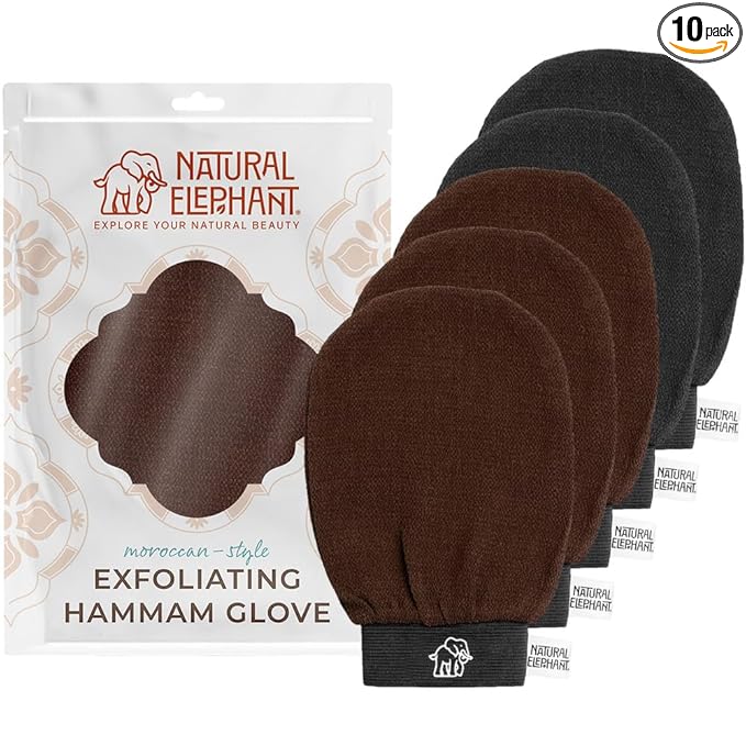 Natural Elephant Exfoliating Hammam Glove - Face and Body Exfoliator Mitt 5 and 10 Packs (3 Brown, 2 Black (Pack of 5))