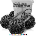 WhaleLife Loofah Bath Sponges - Black Gentle Exfoliating Shower Loofah for Rich Lather, Durable Mesh Body Scrubber for Men & Women 4 Pack