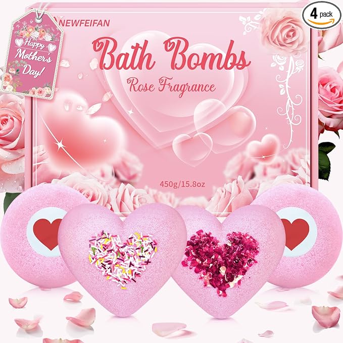 Bath Bombs for Women XXL, Basket Set for Mothers Day Gifts for Mom, 4-Pack Handmade Natural & Organic Rose Essential Oil, Pink Teacher Appreciation Gifts for Wife Daughter Girlfriend Coworkers