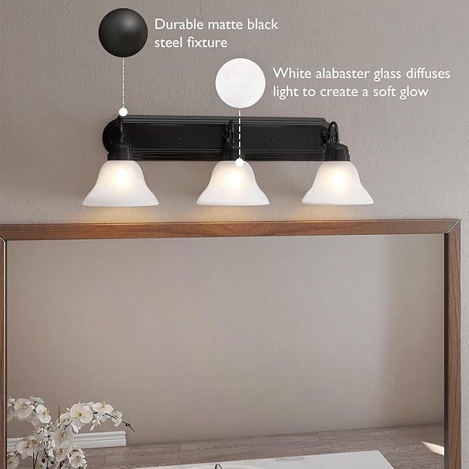 Design House 589796 Millbridge Vanity Light Dimmable with Frosted Glass for Above Bathroom Mirror, Matte Black, 3-Light