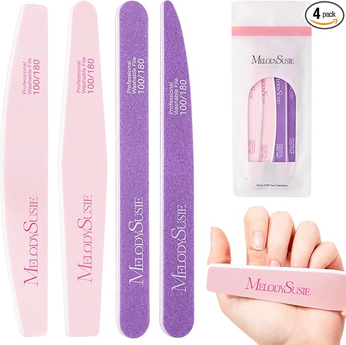 MelodySusie Nail File Kit, 4Pcs Double Sided 100/180 Grit Emery Boards for Nails, Professional Nail Art Manicure Pedicure Supplies for Home and Salon Use, Mothers Day Gifts, Pink & Purple