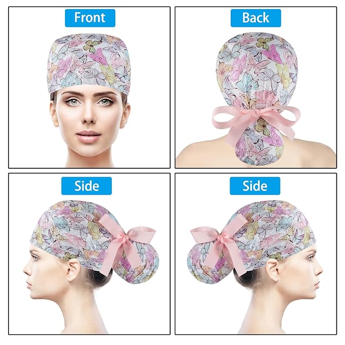 Scrub Caps Women Bouffant Scrub Hats Caps Nurses, Adjustable Working Cap Ponytail Pouch Tie Back Hats