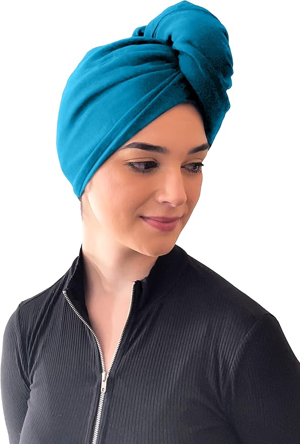 Elizabeth Roberts 100% Cotton T Shirt Hair Towel Wrap Plopping Essential Turban Style Hair Drying Towel for Women and Men All Hair Types and Styles, Black/Aquamarine Reversible