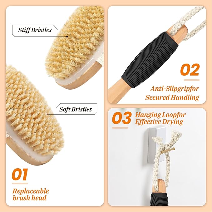 Wood Body Brush Set,19.3’’ Long Handle Bath Body Back Scrubber Soft & Stiff Bristles Detachable 2 Brush Heads Gentle Exfoliator Remove for Wet & Dry Use
