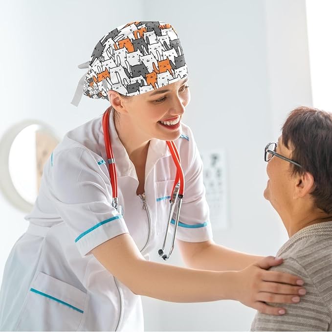 Ethnic Aztec Pattern Adjustable Scrub Cap Hat with Button, Working Hat Sweatband with Bow Hair Scrunchy for Woman
