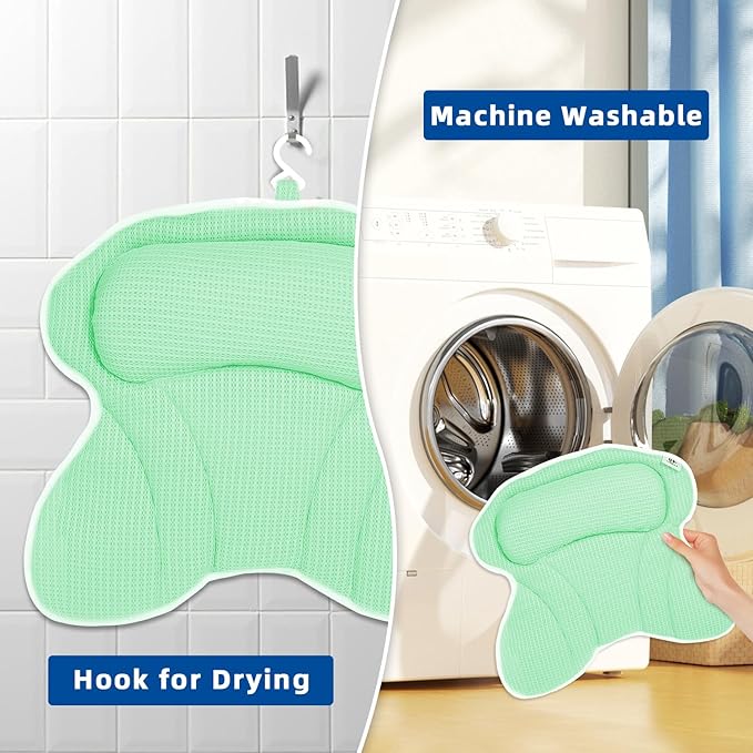 Bath Pillow, Bath Pillows for Tub Neck and Back Support, Bathtub Pillows for Head and Neck with 6 Strong Non-Slip Suction Cups, 4D Air Mesh, Bath Accessories Spa Gifts for Women(Green)