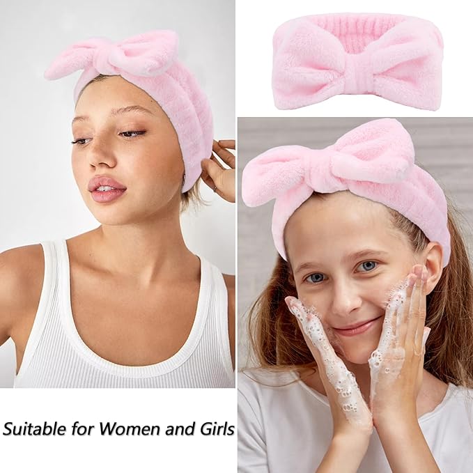 VELSCRUN 6 Pack Spa Headband, Makeup Headband, Face Wash Headbands, Skincare Headbands, Pink Sponge Hair Band Bow Tie Spa Head Band for Washing Face Wristband Set Hair Accessories for Women Girls