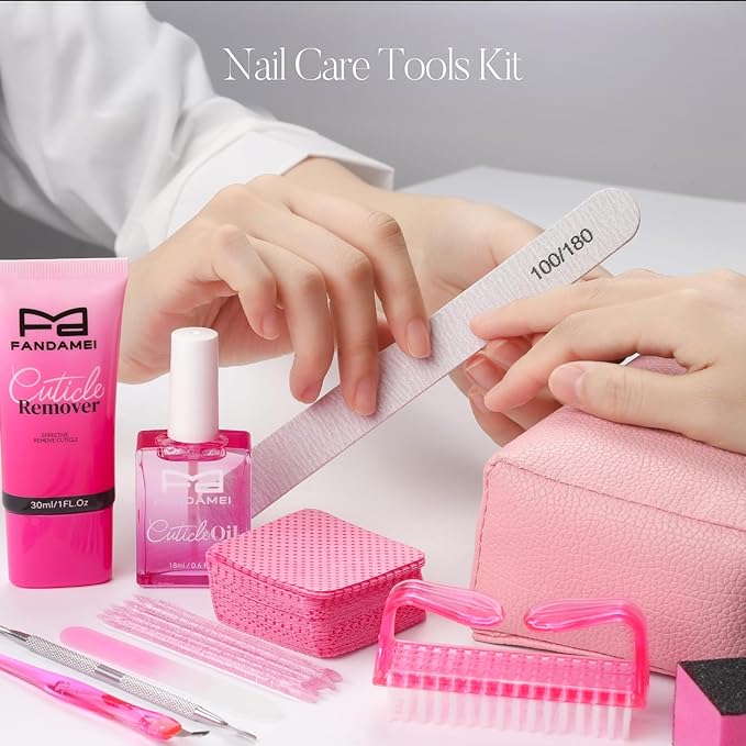 FANDAMEI Cuticle Remover Kit, Cuticle Remover & Oil, Professional Manicure Kit for Women with 50 PCS Lint Free Wipes, Steel Nail Pusher & Fork, Nail Files and Buffers, Manicure Tools Set for Nail Care
