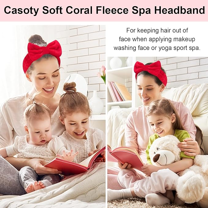 Casoty 12 Pcs Red Spa Headbands, Facewash Headbands, Soft Coral Fleece Makeup Hair band, Bow Hair Band for Face Washing Shower Skin Care Yoga