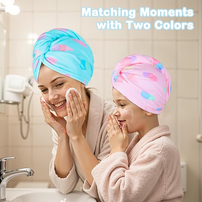FIOBEE Microfiber Hair Towel Wrap for Kid Rapid Drying Towel Absorbent Hair Turbans for Wet Hair with Button Women Girls Long Curly Hair Pack of 2, Teal/Pink Ice Cream