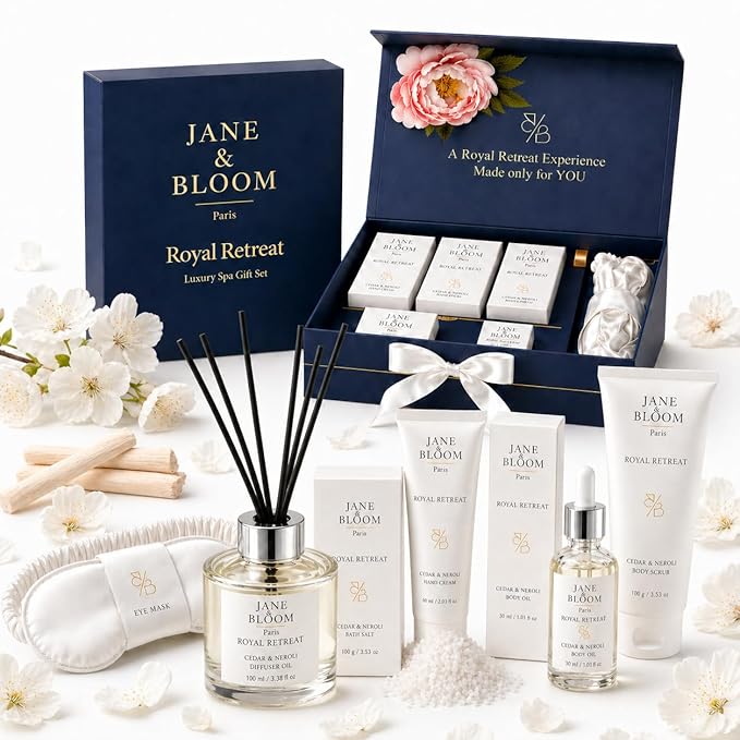 Royal Retreat Luxury Spa Gift Box for Women, Cedar & Neroli Bath and Body Gift Set, Relaxing Home Spa Kit with Bath Salt, Body Scrub, Body Oil, Hand Cream, Eye Mask, Mothers Day Gifts