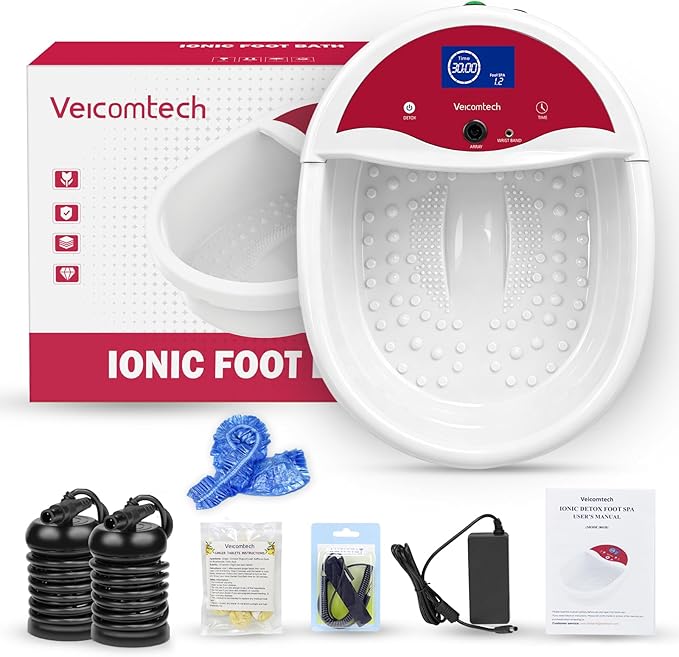 veicomtech Ionic Foot Bath Detox Machine, Foot Detox Machine, Ionic Foot Spa Kit with 10 Ginger Tablets 2 Arrays 25 Tub Liners for Home use or Salon