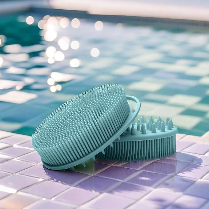 RamPula Silicone Body Scrubber, Silicone Loofah, Quick-Dry Exfoliating Body Brush for Wet or Dry Brushing, More Hygienic Than Traditional Loofah, Long-Bristle Brush, Eucalyptus Green and Starlight