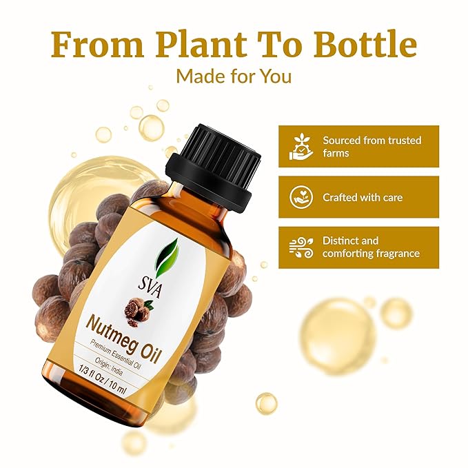 SVA Nutmeg Essential Oil – 1/3 Fl Oz – 100% Natural Nutmeg Oil - for Diffuser, Hair Care, Face, Skin Care, Aromatherapy, Scalp and Body Massage, Soap and Candle Making