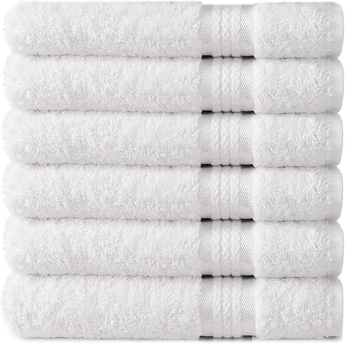 Cotton Craft Ultra Soft 6 Pack Hand Towels 16x28 White Weighs 6 Ounces Each - 100% Pure Ringspun Cotton - Luxurious Rayon Trim - Ideal for Everyday use - Easy Care Machine wash