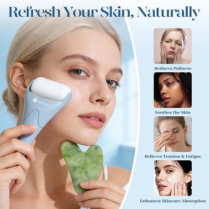 BAIMEI IcyMe Ice Roller for Face and Gua Sha Facial Tool Set, Ice Face Roller Reduces Puffiness Skin Care Tools, Self Care for Women - Bule