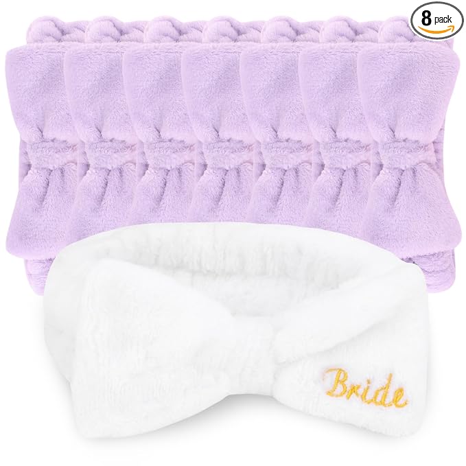 CIEHER 8 Pack White & Purple Spa Headband for Bachelorette Party Favors, Bride Bridesmaid, Bachelorette Gifts for Bride Skincare Makeup Headbands Face Wash Headbands