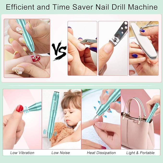 COSITTE Electric Nail Drill,USB Electric Nail Drill Machine for Acrylic Nail Kit,Portable Electric Nail File Polishing Tool Manicure Pedicure Kit Efile Nail Supplies for Home Salon,Green