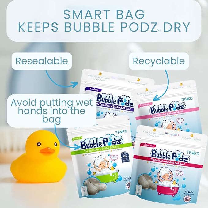 TruKid Bubble Podz Bubble Bath for Kids, Toddlers, & Babies, Tear Free Gentle & Refreshing Bath Bomb for Sensitive Skin with Natural Moisturizers, Non-Toxic, pH Balanced, Yumberry Scent (10 Podz)