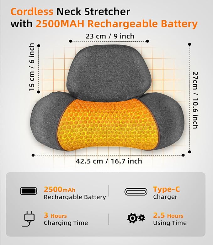 Upalled Cordless Heated Neck Massager Pillow for Pain Relief Deep Tissue, 3-in-1 Rechargeable Neck Cervical Traction Device with Heat, Massage, Electric Stretch, Ergonomic Neck Shoulder Relaxer, Grey