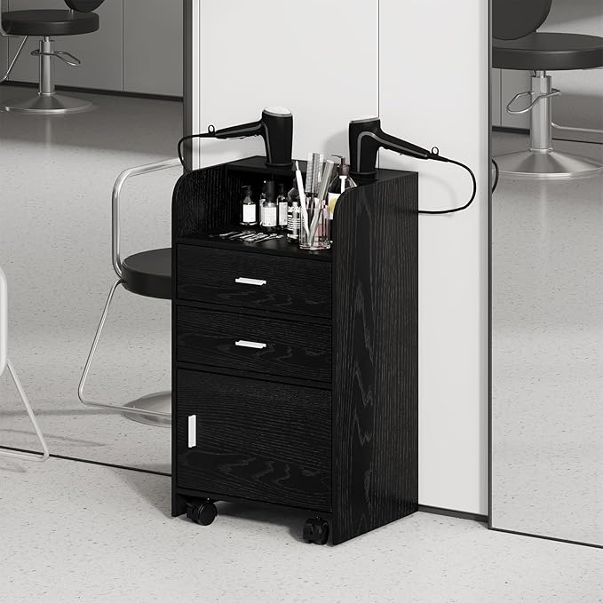 4ever2buy Salon Station for Hair Stylist, Black Beauty Barber Station, Salon Trolley Cart with Wheels, Mobile Organizer for Salon, Spa, Barbershop, Nail & Beauty Tools, Black