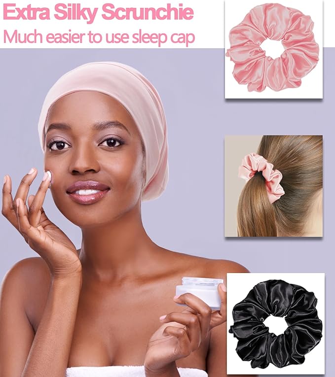 Sleep Cap Bonnet for Sleeping Black Women, Adjustable Cooling Ice Silk Lined Bonnet for Curly Braids Hair Cover Beanie Hat
