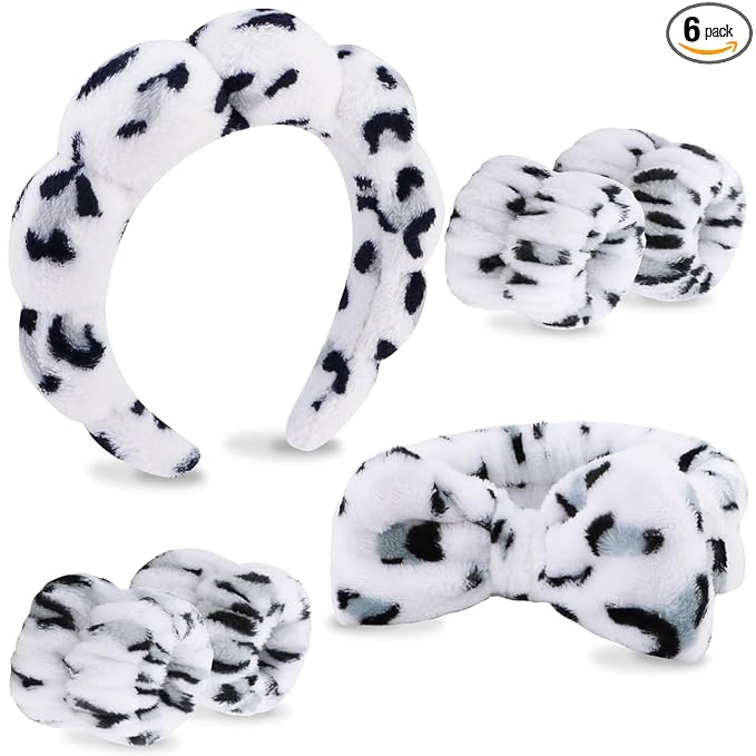 6 Pcs Elastic Microfiber Spa Headband Set for Women - Makeup, Skincare, Face Wash Wristbands, Beauty. (White spots)