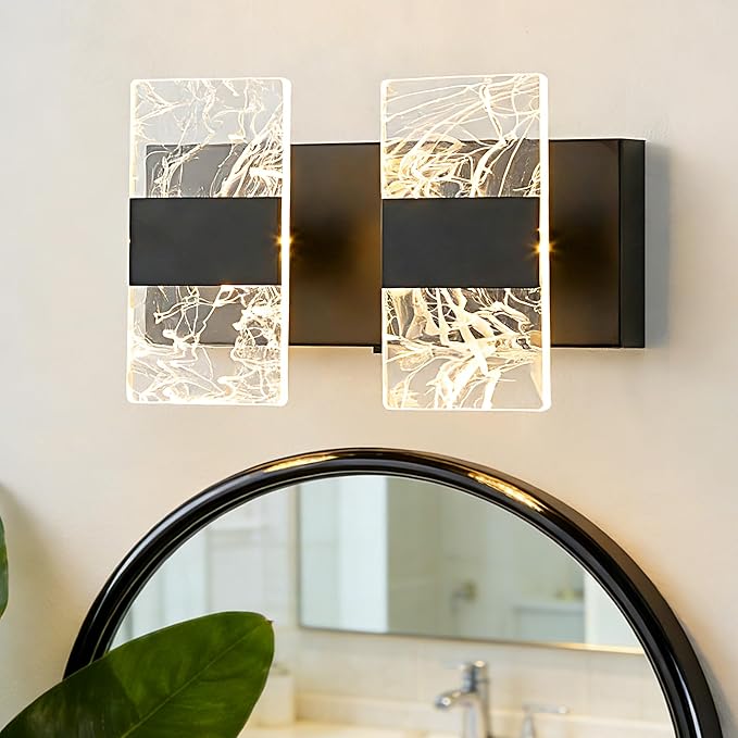 Modern LED Bathroom Light Fixtures Dimmable 2-Light Black Vanity Light, 5CCT Adjustable Lighting Fixture Vanity Lights Over Mirror, Smoked Acrylic LED Vanity Lights for Bathroom