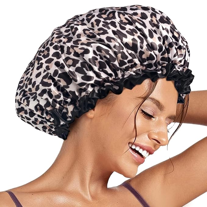 Aquior Shower Cap, Reusable Waterproof Leopard Print Hair Cap,Dual Layer Large Ruffle Edge for Long Hair, Ideal for Shower, Skincare, Cooking, Spa and Travel Use