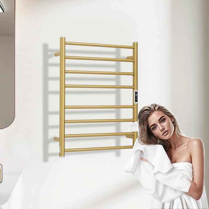 Electric Towel Warmer Rack,Heating Towel Warmer,Timer & Temperature Control,Wall-Mounted Plug-in for Bathroom,Gold,Stainless Steel,8-Bar(27.56x20.87x4.41in)