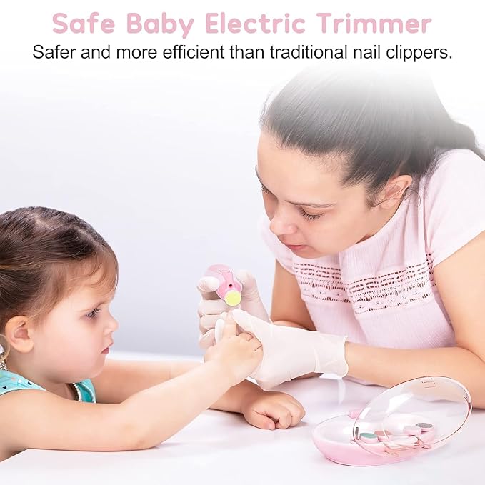 Qunlions life Baby Nail Trimmer File with Light - Safe Electric Nail Clippers Kit for Newborn Infant Toddler Kids Toes and Fingernails - Care, Polish and Trim - Battery Operated (AA), Pink