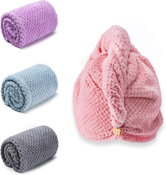 Amrules Hair Towel Wrap, 4 Packs 9.8 x 25.6 Inch Towel Turbans for Wet Hair, Dry Hair Towel, Headbands for Curly and Long Hair - Bathroom Must-Have for Ladies