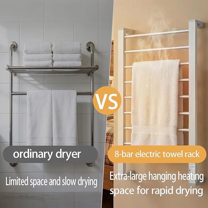 Heated Towel Rack with Timer, 8-Bar Electric Towel Warmer for Bathroom, Fast Heating Towel Dryer Freestanding or Wall Mount, Auto Shut-Off, Space-Saving Design
