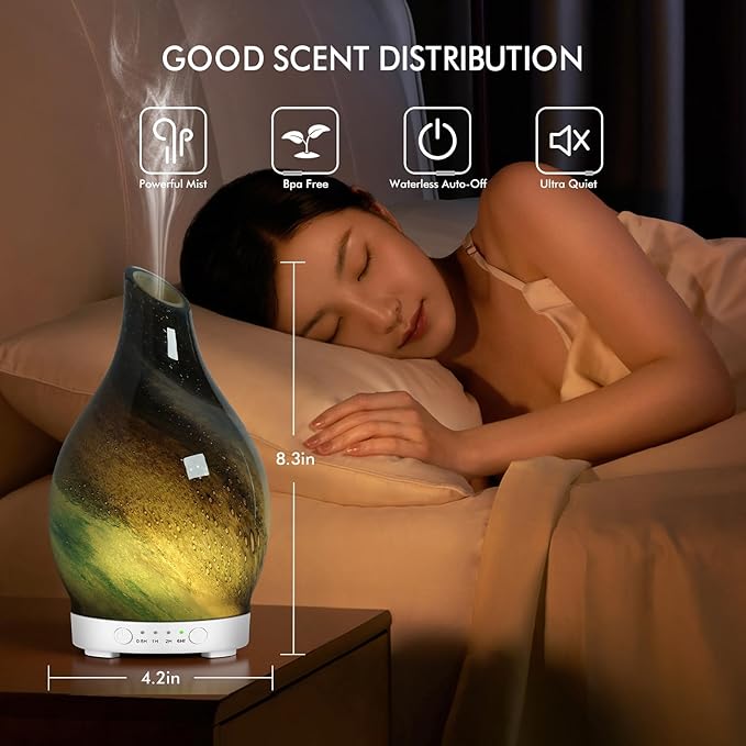 Essential Oil Diffuser 150ML Glass Aromatherapy Diffuser with 4 Timer Settings & 7 Color Changing Lights, Auto Shut-Off, Ultra Quiet Oil Diffuser for Home, Office, Yoga, Spa and Sleeping