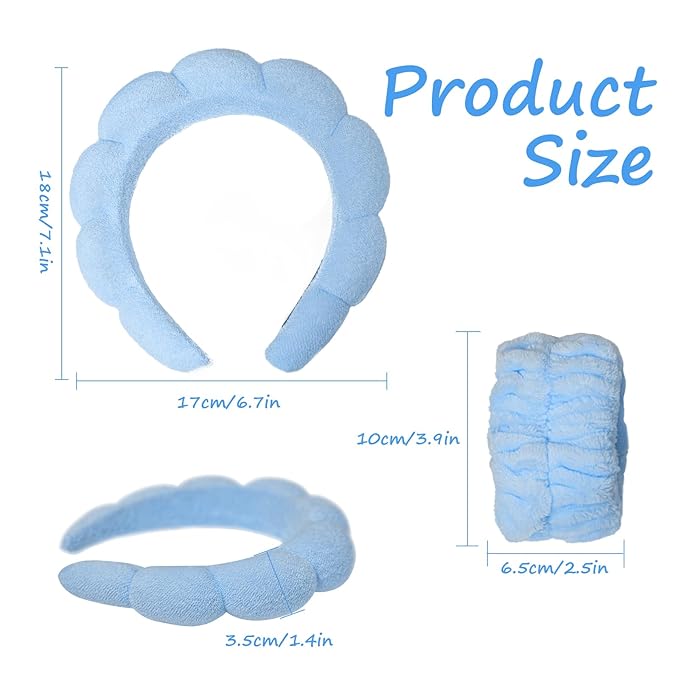 Beleki Spa Headband for Washing Face, Sponge Makeup Skincare Headband & Wristband Set Non Slip Headbands Soft Puffy Headwear Hair Accessories for Women Girls, Blue