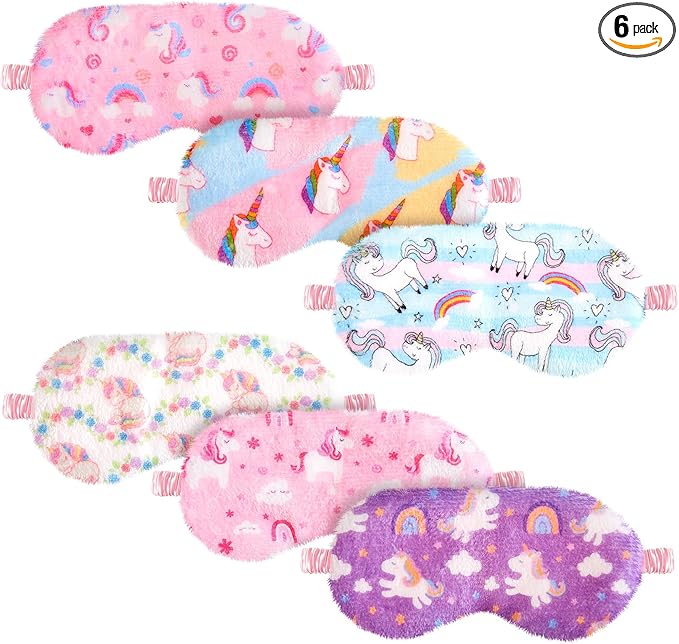Cuffbow 6 Pack Plush Sleep Mask Set, Cute Plush Eye Masks for Sleeping, Soft Comfortable Travel Nap Blindfold, Sleepover Party Favors for Women(Unicorn,Colorful)