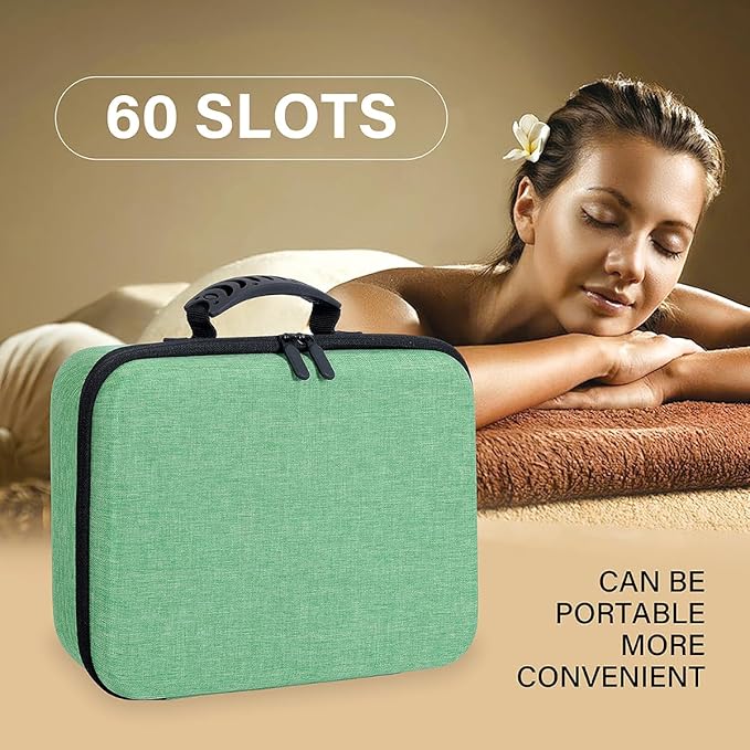 Essential Oils Carrying Case Holds 60 Grids for 1-3ML Roller Bottles 5ml, 10ml, 15ml Bottles Storage Organizer Bag Hard Shell EVA, Essential Oil Bag with Detachable Sponge Pad Green