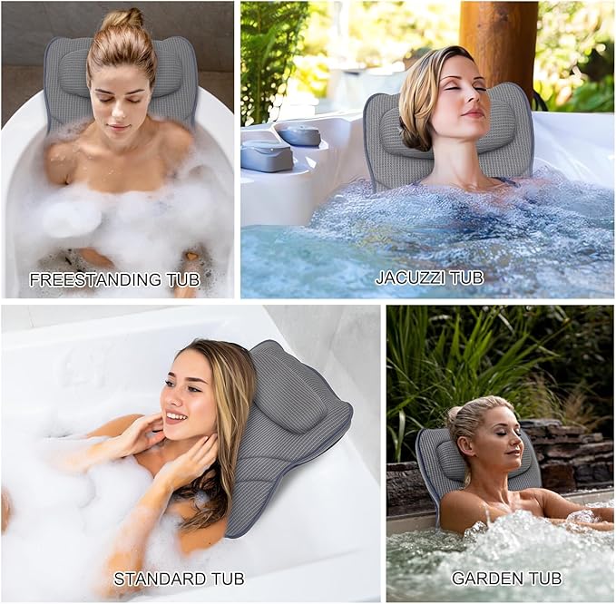 Extra Long Thick Full Body Bath Pillow for Tub with Lumbar Pillow- Luxury 4D Air Mesh Bathtub Pillow with Head, Shoulder & Back Support, Non-Slip Bath Cushion with Suction Cups (Gray)