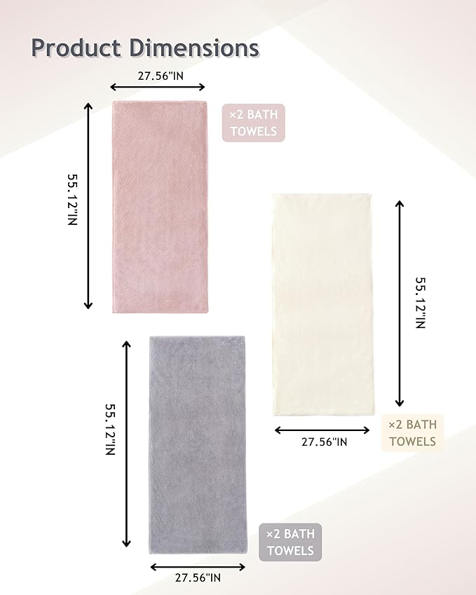 sakano 6-Piece Colorful Microfiber Bath Towel Set - Fast-Drying, Super Absorbent & Non Shedding Towels for Family, Gym, Spa and Salon -White+Pink+Light Gray, 28x55 Inches