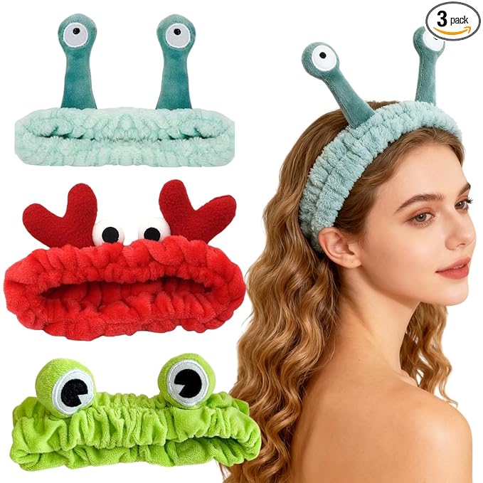 3pcs Spa Headband Cute Hair Band for Washing Face Women Microfiber Makeup Headbands with Snails Frog Crab Designs Coral Fleece Face Wash Facial Head Wraps Hair Lace for Cosmetic Shower