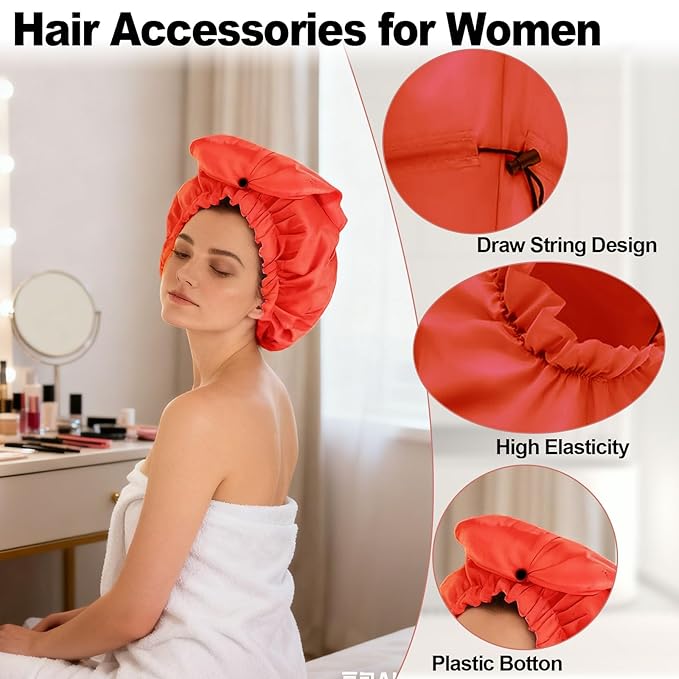 ELEBOX Extra Large Shower Cap for Braids/Curly Hair/Dreadlock | Reusable Waterproof Long Bonnets for Women Bath/Swim/Cooking/Cleaning/Spa | XL Bathing Cap with Adjustable Drawstring & Button, Red