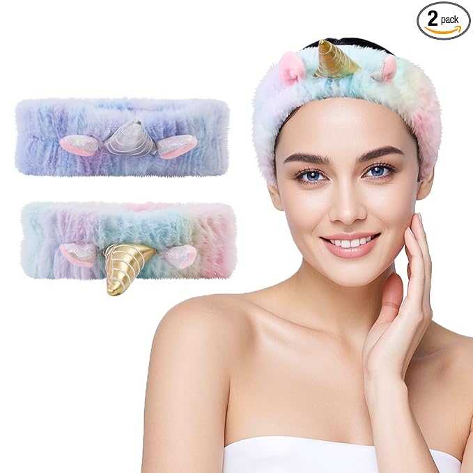 Kawaii Spa Headbands for Women Girls - 2 Pack Cute Soft Fleece Facial Headbands for Makeup, Skincare and Face Washing, Silver+Gold Horn
