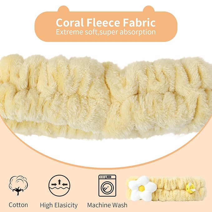 PERFECTSIGHT Kawaii Headband for Spa, Makeup, Washing Face, Party - 2 Pack Cute Hair Band for Shower Beauty Skincare, Soft Facial Headbands for Girls and Women (Yellow Flower Bee)