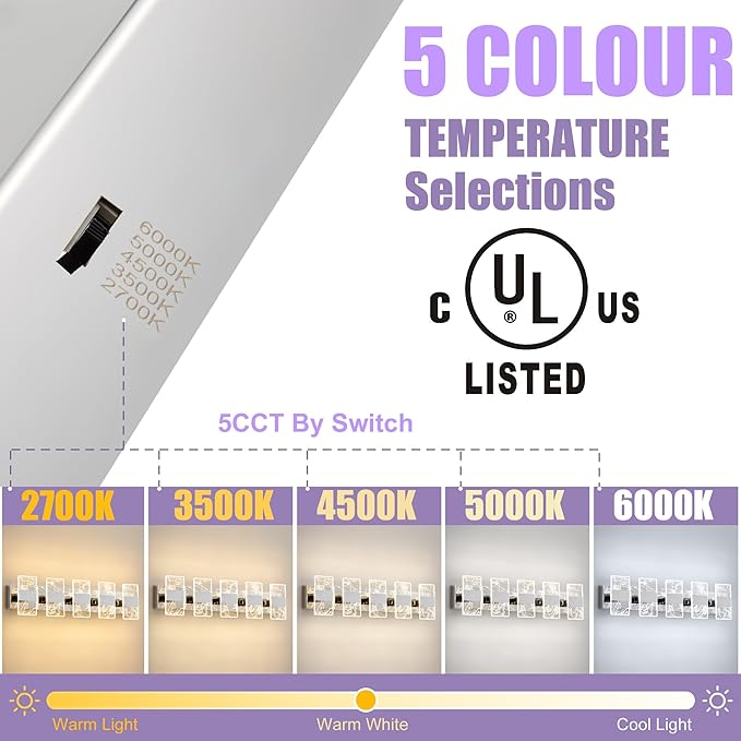 Modern LED Bathroom Light Fixtures Dimmable 5-Light Chrome Vanity Light, 5CCT Adjustable Lighting Fixture Vanity Lights Over Mirror, Smoked Acrylic LED Vanity Lights for Bathroom