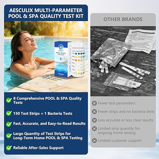 8-in-1 Pool Test Strips, 151 Strips Spa and Hot Tub Water Testing Kit, Pool Water Test Kit for Free Chlorine, Total Chlorine, Bromine, pH, Alkalinity, Hardness, Cyanuric Acid
