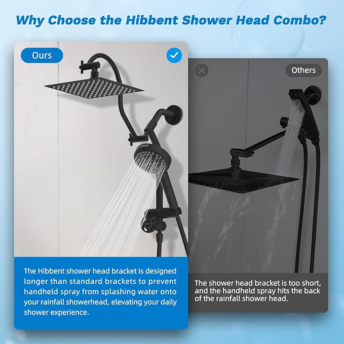 Hibbent cUPC Certified All Metal 8" Rainfall Showerhead Combo, High Pressure Shower Head with 10-Spray Handheld, Innovative 4-way Diverter with Pause Mode, 71'' Shower Hose & Holder, Matte Black