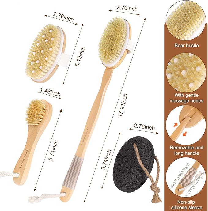 Dry Brushing Body Brush Set- Wooden Long Handle Body Brush Set with Pumice Stone & Face Brush, Boar Bristle Body Bath Scrubber Brush for Lymphatic Drainage & Cellulite, Detachable