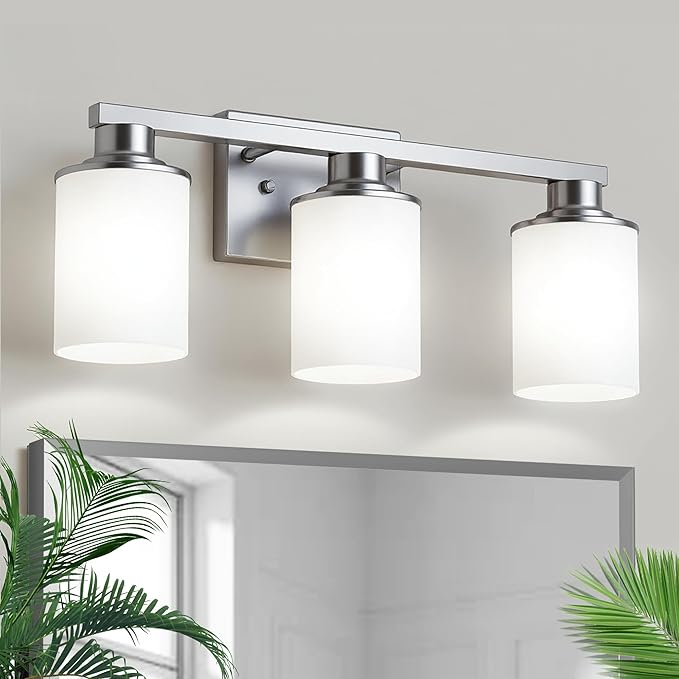 L LOHAS LED Brushed Nickel Bathroom Light Fixtures, 3-Light Vanity Light Over Mirror, Wall Sconces with Milky White Frosted Glass Shades for Bedroom, ETL Listed